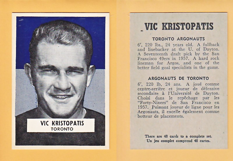 1959 CFL WHEATIES FOOTBALL CARD VIC KRISTOPATIS photo 1959 CFL WHEATIES FOOTBALL CARD VIC KRISTOPATIS photo