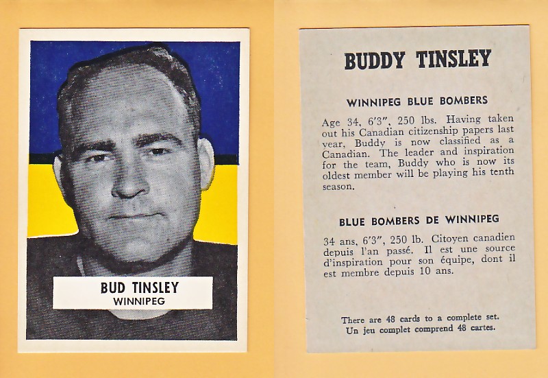 1959 CFL WHEATIES FOOTBALL CARD BUD TINSLEY photo 1959 CFL WHEATIES FOOTBALL CARD BUD TINSLEY photo