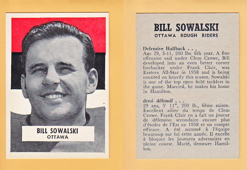 1959 CFL WHEATIES FOOTBALL CARD BILL SOWALSKI photo 1959 CFL WHEATIES FOOTBALL CARD BILL SOWALSKI photo