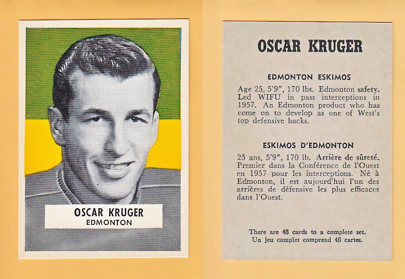 1959 CFL WHEATIES FOOTBALL CARD OSCAR KRUGER photo 1959 CFL WHEATIES FOOTBALL CARD OSCAR KRUGER photo