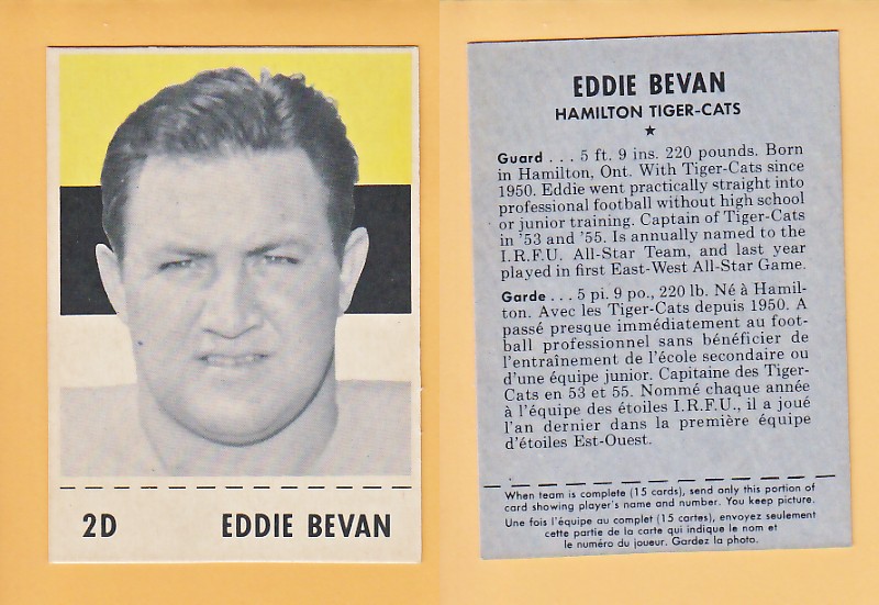 1956 CFL SHREDDED WHEAT FOOTBALL CARD EDDIE BEVAN photo 1956 CFL SHREDDED WHEAT FOOTBALL CARD EDDIE BEVAN photo