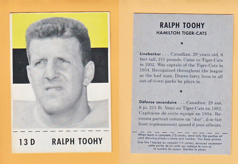 1956 CFL SHREDDED WHEAT FOOTBALL CARD RALPH TOOHY photo