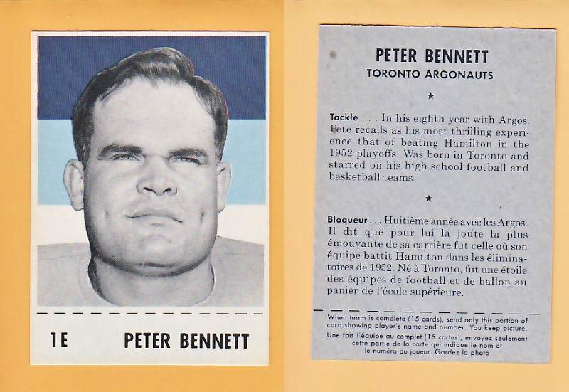 1956 CFL SHREDDED WHEAT FOOTBALL CARD PETER BENNETT photo 1956 CFL SHREDDED WHEAT FOOTBALL CARD PETER BENNETT photo