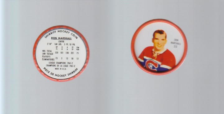 1962-63 SHIRRIFF HOCKEY COIN #33 D.MARSHALL photo 1962-63 SHIRRIFF HOCKEY COIN #33 D.MARSHALL photo