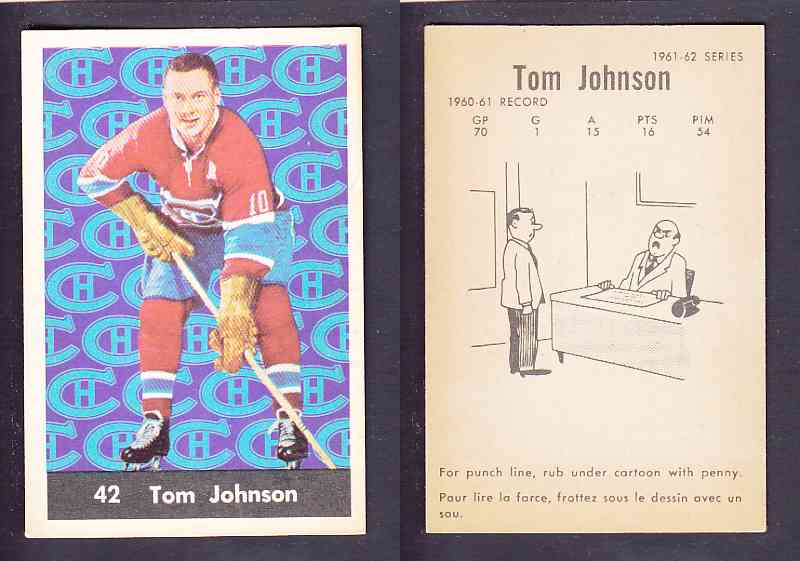 1961-62 PARKHURST HOCKEY CARD #42 TOM JOHNSON photo 1961-62 PARKHURST HOCKEY CARD #42 TOM JOHNSON photo