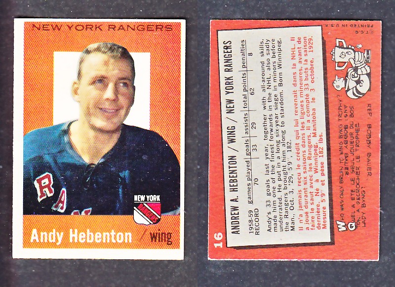 1960-61 TOPPS HOCKEY CARD A. HEBENTON # 16 photo 1960-61 TOPPS HOCKEY CARD A. HEBENTON # 16 photo