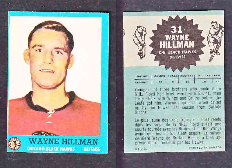 1962-63 TOPPS HOCKEY CARD W. HILLMAN # 31 photo 1962-63 TOPPS HOCKEY CARD W. HILLMAN # 31 photo