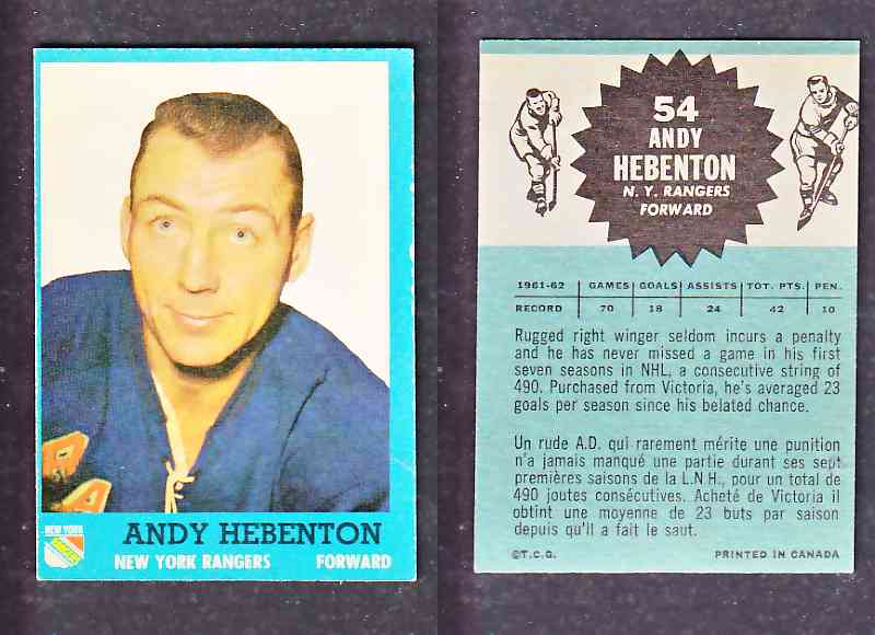 1962-63 TOPPS HOCKEY CARD A. HEBENTON # 54 photo 1962-63 TOPPS HOCKEY CARD A. HEBENTON # 54 photo