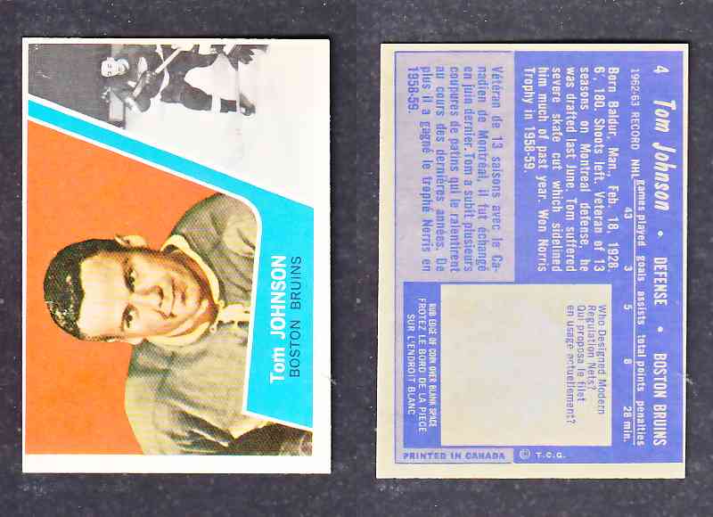 1963-64 TOPPS HOCKEY CARD T. JOHNSON # 4 photo 1963-64 TOPPS HOCKEY CARD T. JOHNSON # 4 photo