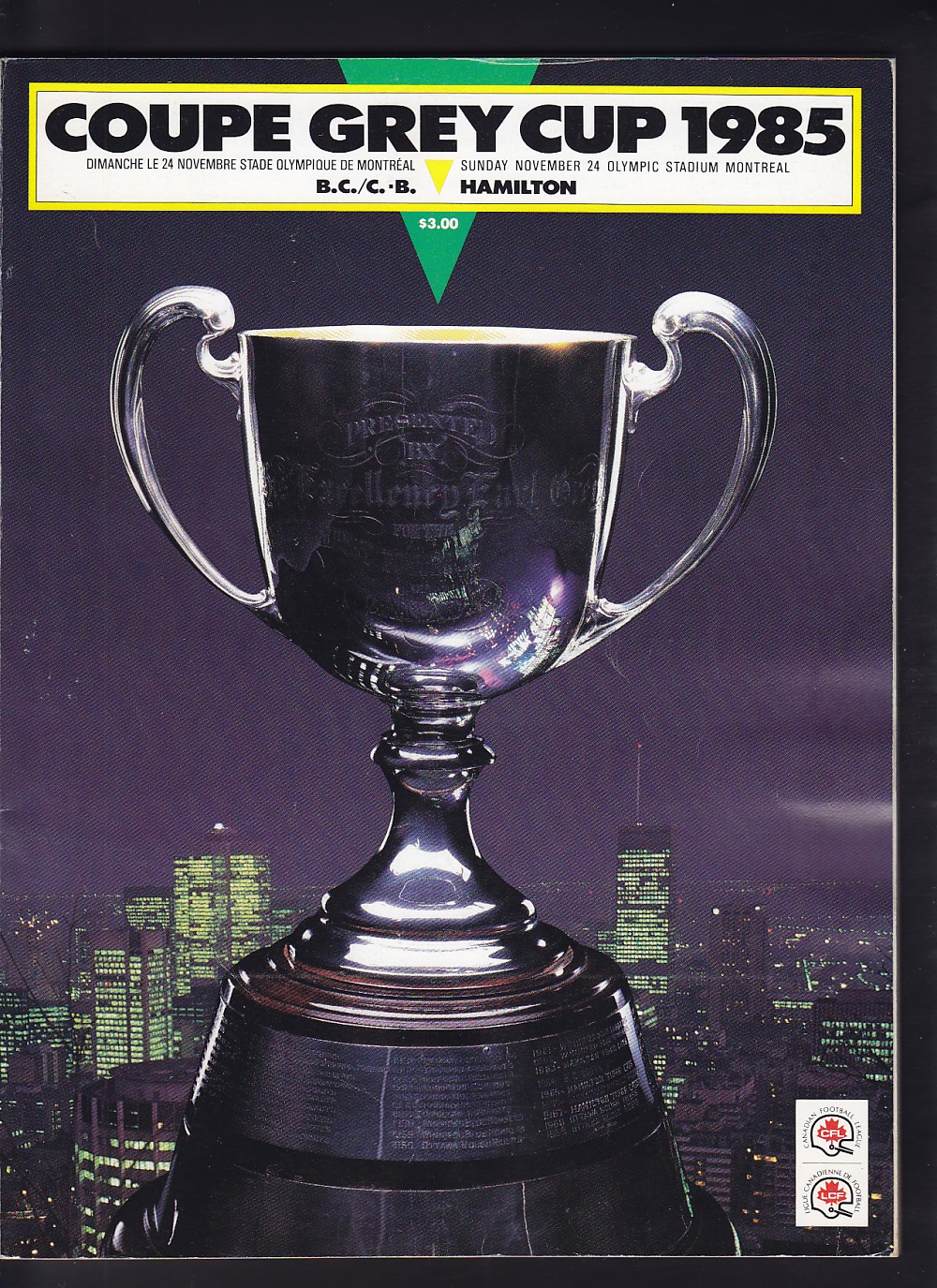 1985 CFL B.C. LIONS VS HAMILTON GREY CUP PROGRAM photo