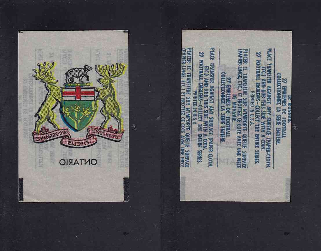 1965 CFL TOPPS TRANSFERT ONTARIO COAT OR ARMS photo 1965 CFL TOPPS TRANSFERT ONTARIO COAT OR ARMS photo