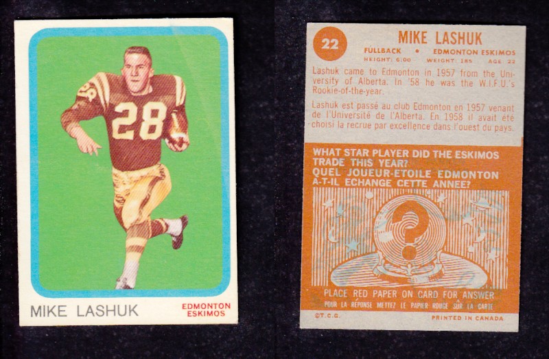 1963 CFL TOPPS FOOTBALL CARD #22 M. LASHUK photo 1963 CFL TOPPS FOOTBALL CARD #22 M. LASHUK photo