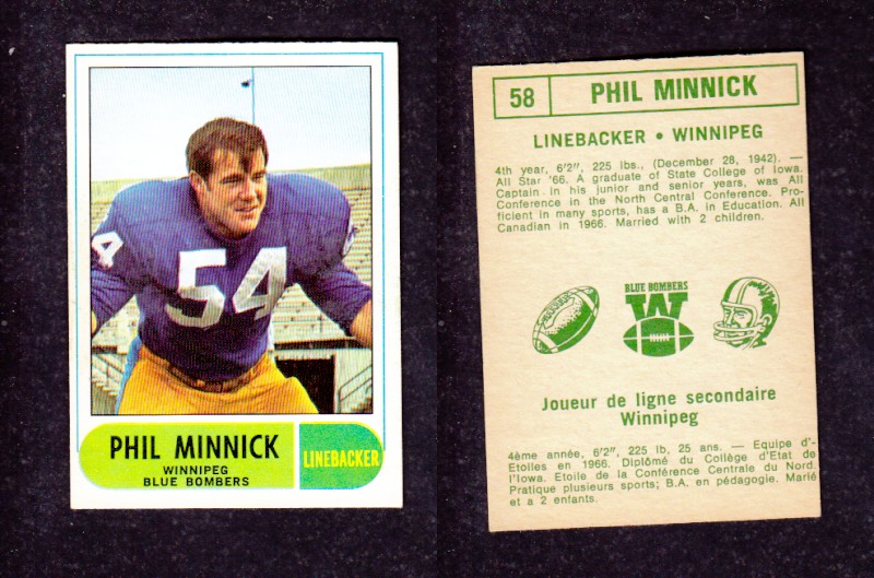 1968 CFL O-PEE-CHEE FOOTBALL CARD #58 P. MINNICK photo