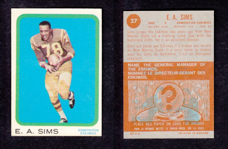 1963 CFL TOPPS FOOTBALL CARD #27 E.A. SIMS photo 1963 CFL TOPPS FOOTBALL CARD #27 E.A. SIMS photo