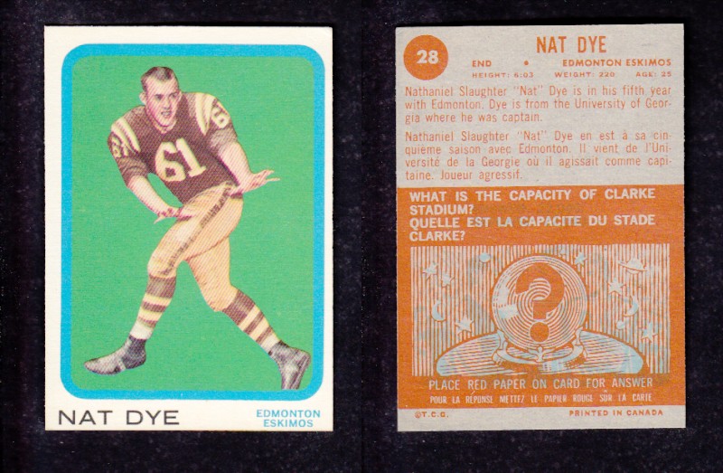 1963 CFL TOPPS FOOTBALL CARD #28 N. DYE photo 1963 CFL TOPPS FOOTBALL CARD #28 N. DYE photo