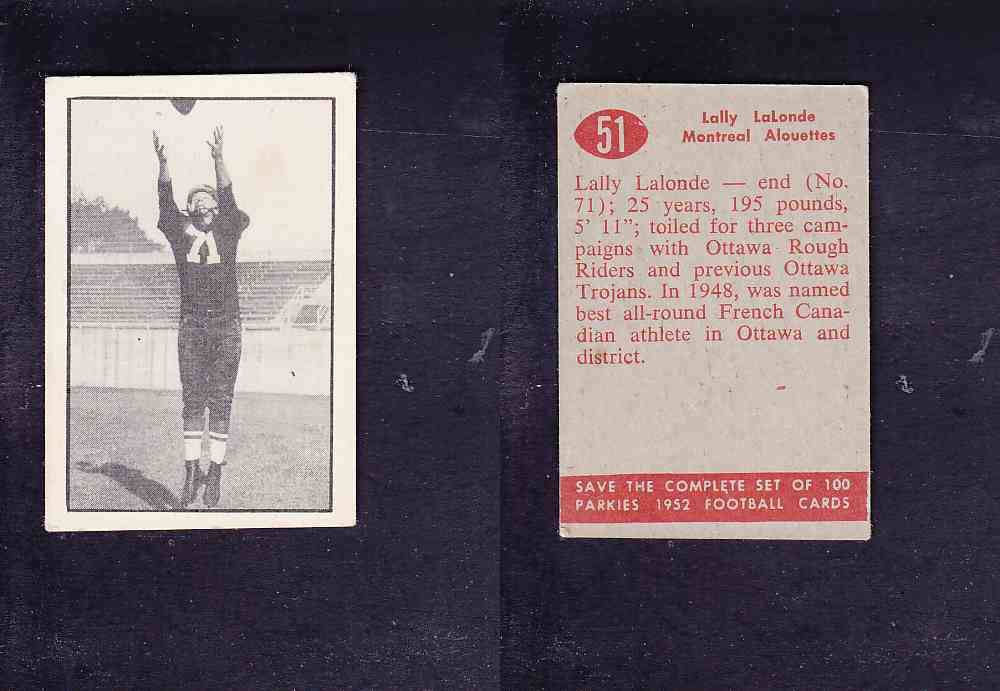 1952 CFL PARKHURST FOOTBALL CARD #51 L. LALONDE photo 1952 CFL PARKHURST FOOTBALL CARD #51 L. LALONDE photo