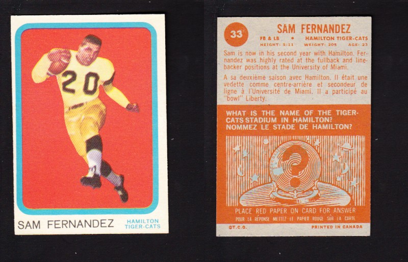 1963 CFL TOPPS FOOTBALL CARD #33 S. FERNANDEZ photo 1963 CFL TOPPS FOOTBALL CARD #33 S. FERNANDEZ photo