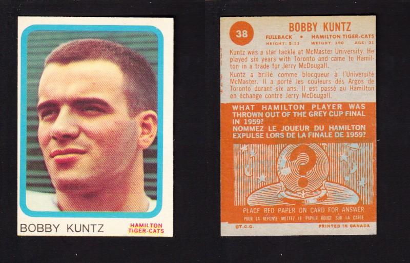 1963 CFL TOPPS FOOTBALL CARD #38 B. KUNTZ photo 1963 CFL TOPPS FOOTBALL CARD #38 B. KUNTZ photo