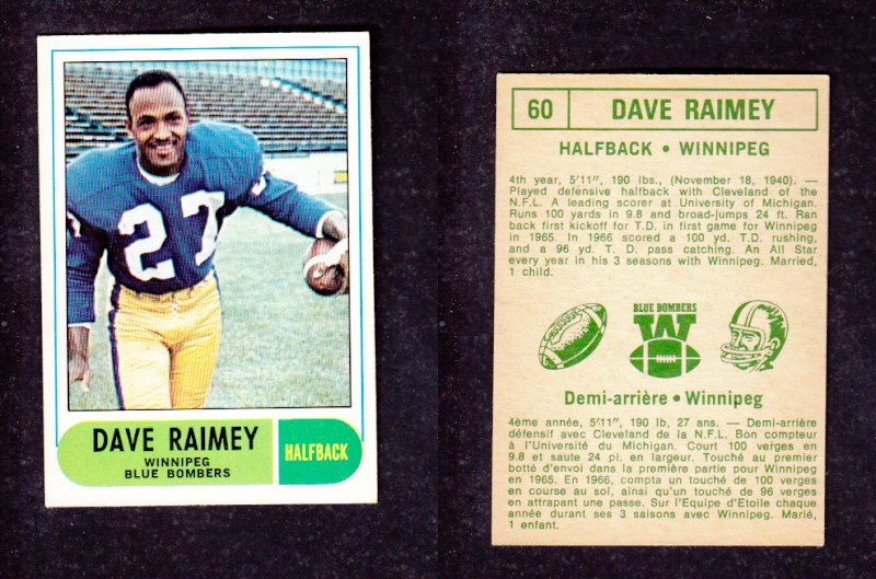 1968 CFL O-PEE-CHEE FOOTBALL CARD #60 D. RAIMEY photo 1968 CFL O-PEE-CHEE FOOTBALL CARD #60 D. RAIMEY photo