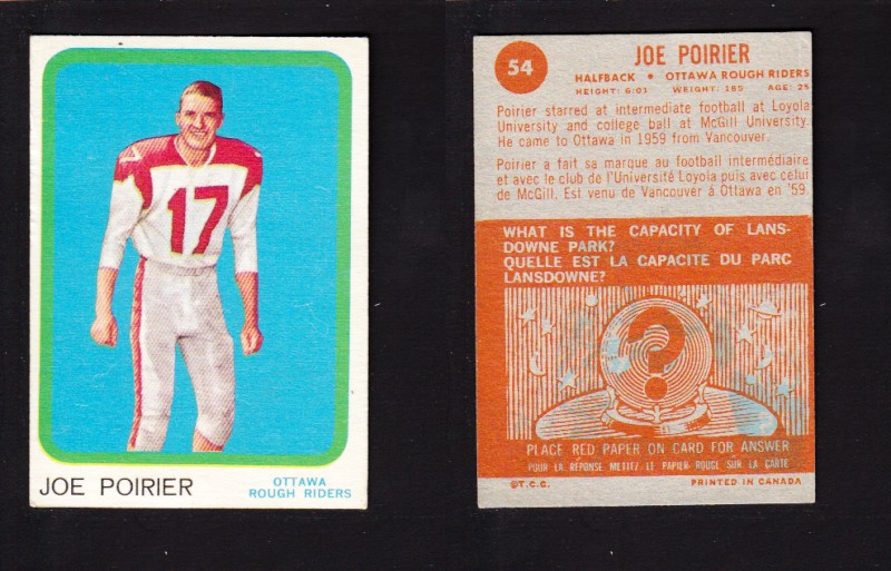 1963 CFL TOPPS FOOTBALL CARD #54 J. POIRIER photo 1963 CFL TOPPS FOOTBALL CARD #54 J. POIRIER photo