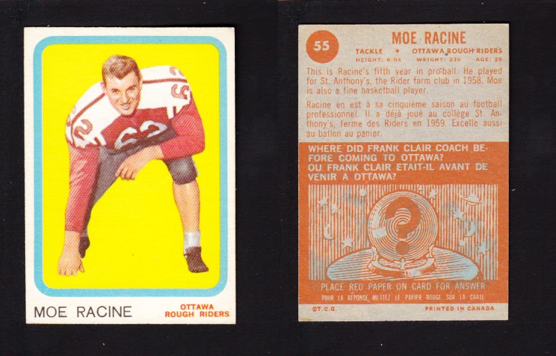 1963 CFL TOPPS FOOTBALL CARD #55 M. RACINE photo 1963 CFL TOPPS FOOTBALL CARD #55 M. RACINE photo