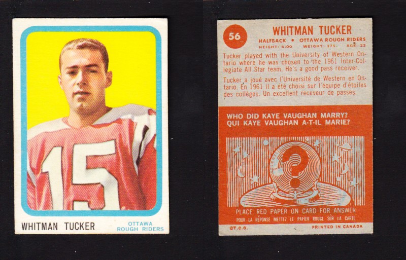 1963 CFL TOPPS FOOTBALL CARD #56 W. TUCKER photo 1963 CFL TOPPS FOOTBALL CARD #56 W. TUCKER photo