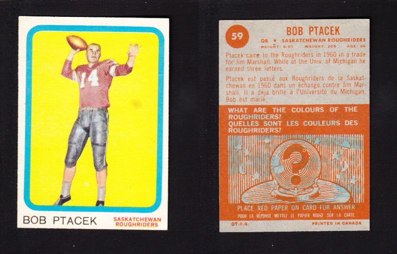 1963 CFL TOPPS FOOTBALL CARD #59 B. PTACEK photo 1963 CFL TOPPS FOOTBALL CARD #59 B. PTACEK photo