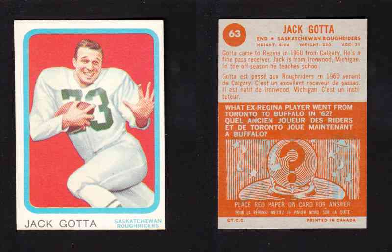 1963 CFL TOPPS FOOTBALL CARD #63 J. GOTTA photo 1963 CFL TOPPS FOOTBALL CARD #63 J. GOTTA photo