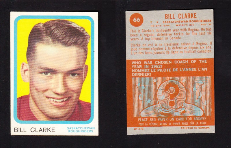 1963 CFL TOPPS FOOTBALL CARD #66 B. CLARKE photo 1963 CFL TOPPS FOOTBALL CARD #66 B. CLARKE photo