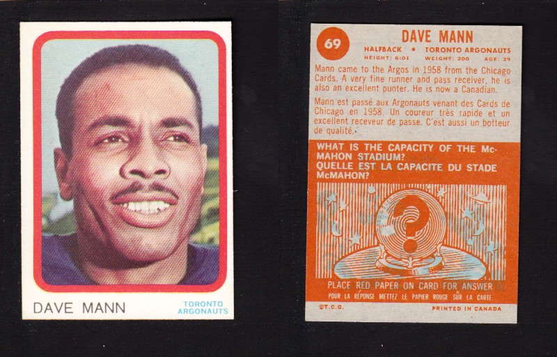 1963 CFL TOPPS FOOTBALL CARD #69 D. MANN photo 1963 CFL TOPPS FOOTBALL CARD #69 D. MANN photo