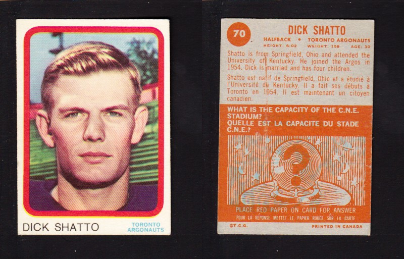 1963 CFL TOPPS FOOTBALL CARD #70 D. SHATTO photo 1963 CFL TOPPS FOOTBALL CARD #70 D. SHATTO photo