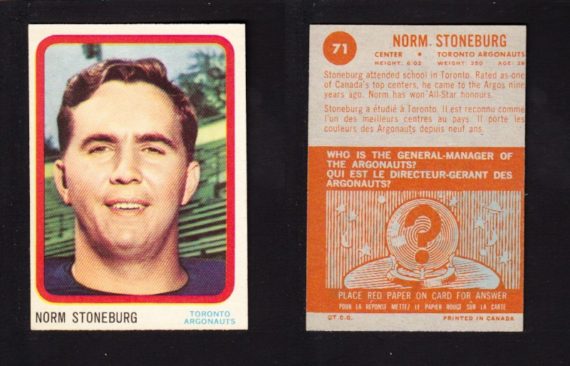 1963 CFL TOPPS FOOTBALL CARD #71 N. STONEBURG photo 1963 CFL TOPPS FOOTBALL CARD #71 N. STONEBURG photo