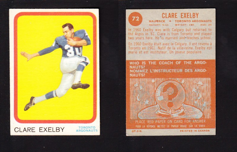 1963 CFL TOPPS FOOTBALL CARD #72 C. EXELBY photo 1963 CFL TOPPS FOOTBALL CARD #72 C. EXELBY photo