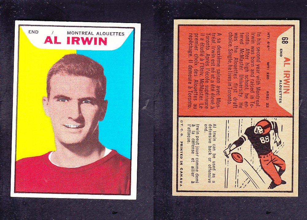 1965 CFL TOPPS FOOTBALL CARD #68 A. IRWIN photo 1965 CFL TOPPS FOOTBALL CARD #68 A. IRWIN photo