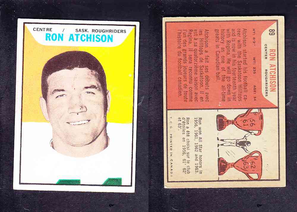 1965 CFL TOPPS FOOTBALL CARD #89 R. ATCHISON photo 1965 CFL TOPPS FOOTBALL CARD #89 R. ATCHISON photo