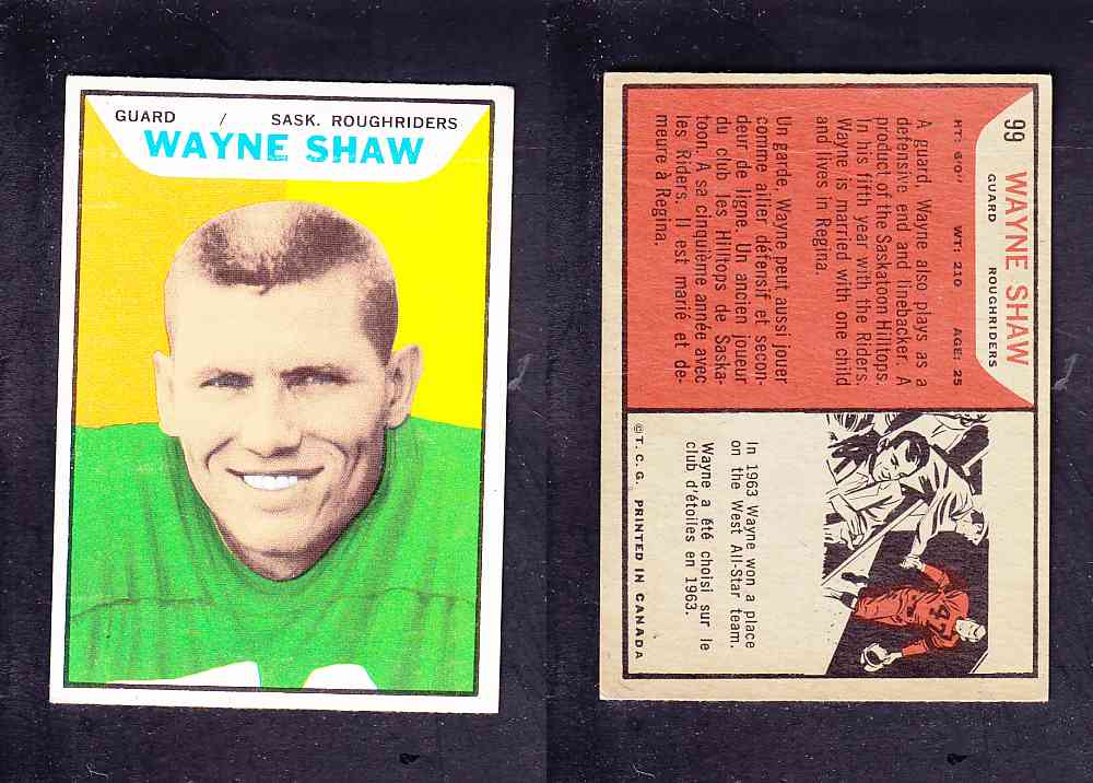 1965 CFL TOPPS FOOTBALL CARD #99 W. SHAW photo 1965 CFL TOPPS FOOTBALL CARD #99 W. SHAW photo