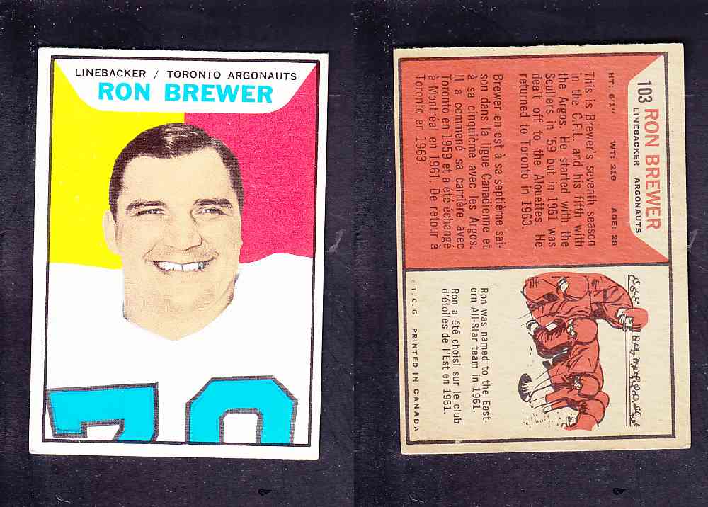 1965 CFL TOPPS FOOTBALL CARD #103 R. BREWER photo 1965 CFL TOPPS FOOTBALL CARD #103 R. BREWER photo