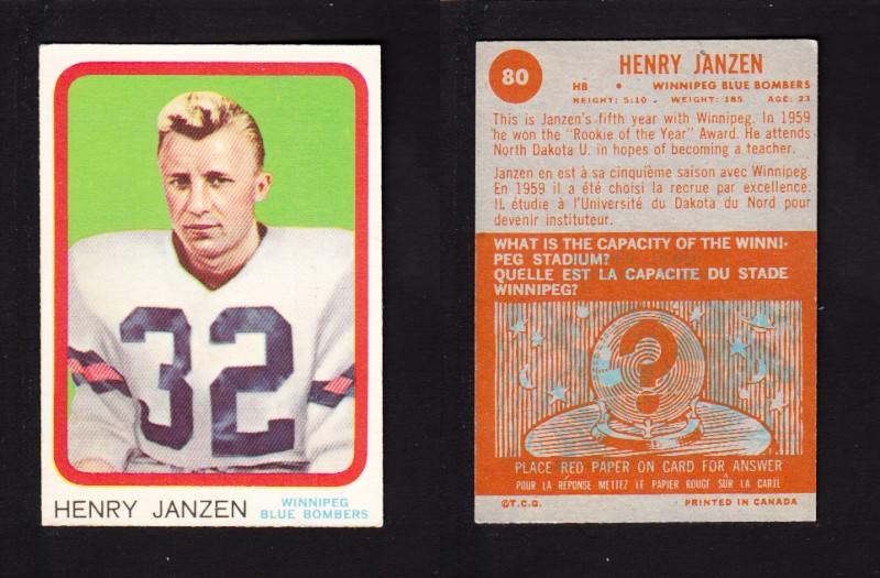 1963 CFL TOPPS FOOTBALL CARD #80 H. JANZEN photo 1963 CFL TOPPS FOOTBALL CARD #80 H. JANZEN photo