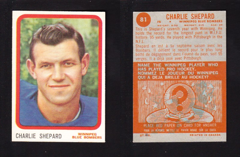1963 CFL TOPPS FOOTBALL CARD #81 C. SHEPARD photo 1963 CFL TOPPS FOOTBALL CARD #81 C. SHEPARD photo