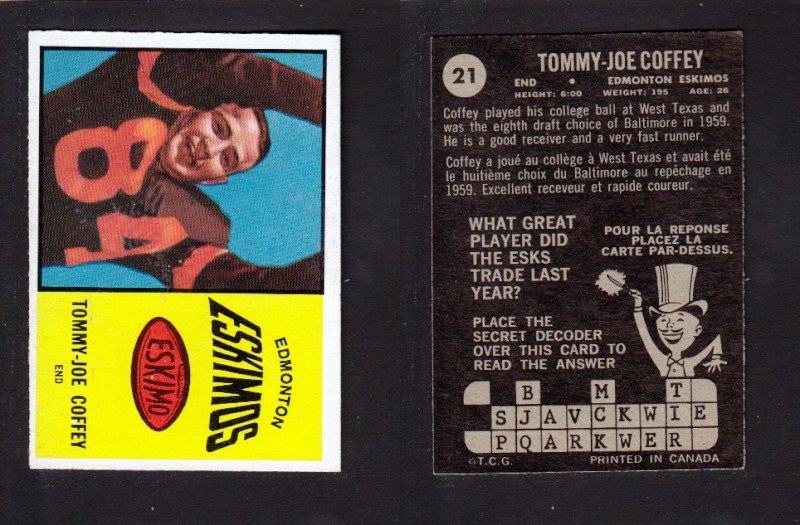 1964 CFL TOPPS FOOTBALL CARD #21 T-J. COFFEY photo 1964 CFL TOPPS FOOTBALL CARD #21 T-J. COFFEY photo