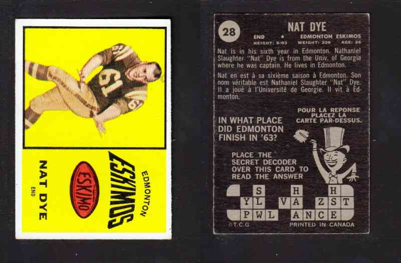 1964 CFL TOPPS FOOTBALL CARD #28 N. DYE photo 1964 CFL TOPPS FOOTBALL CARD #28 N. DYE photo