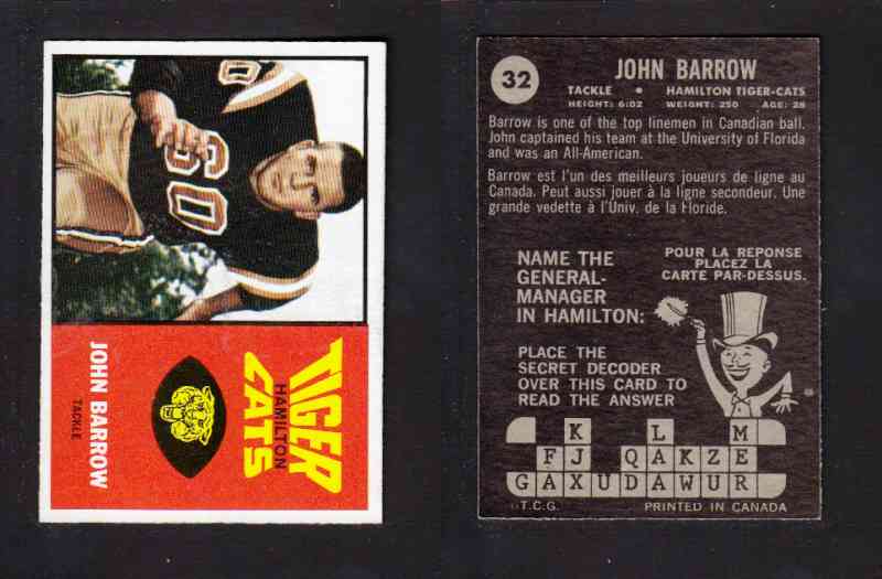 1964 CFL TOPPS FOOTBALL CARD #32 J. BARROW photo 1964 CFL TOPPS FOOTBALL CARD #32 J. BARROW photo