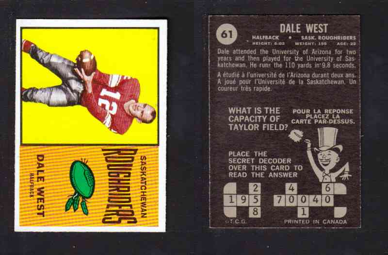 1964 CFL TOPPS FOOTBALL CARD #61 D. WEST photo 1964 CFL TOPPS FOOTBALL CARD #61 D. WEST photo