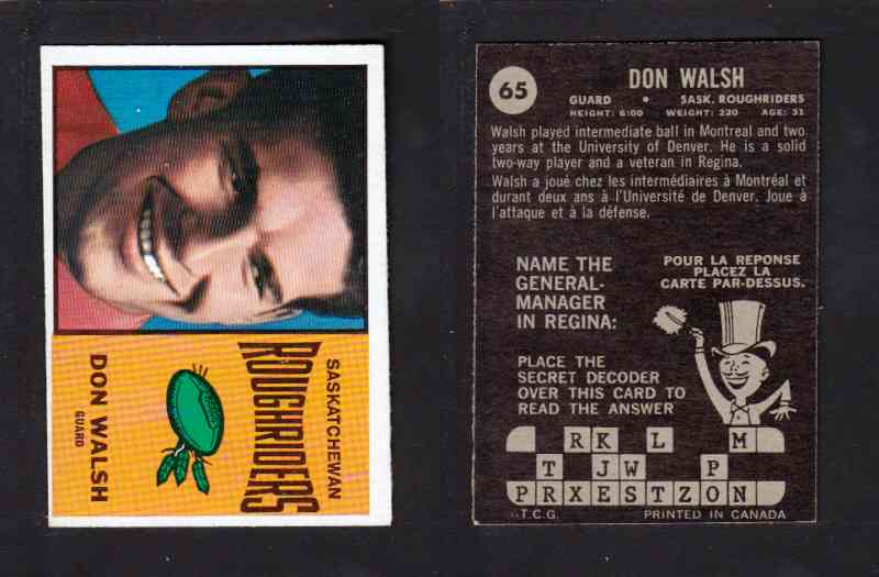 1964 CFL TOPPS FOOTBALL CARD #65 D. WALSH photo 1964 CFL TOPPS FOOTBALL CARD #65 D. WALSH photo