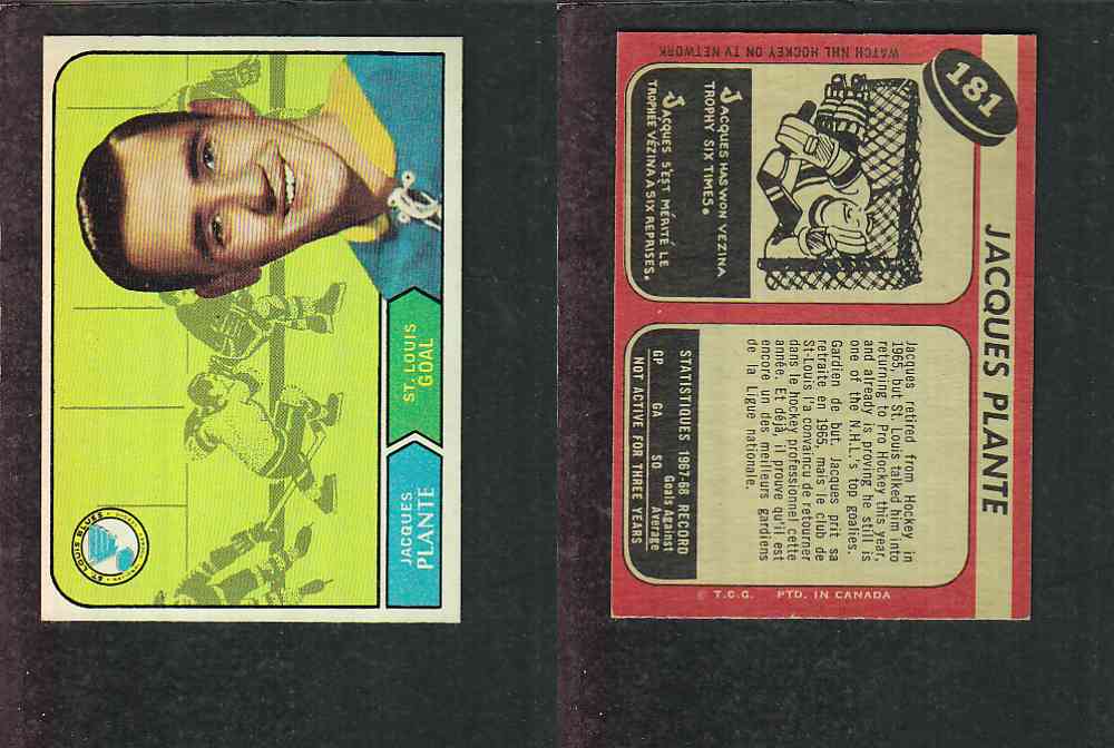 1968-69 O-PEE-CHEE HOCKEY CARD #181 J. PLANTE photo 1968-69 O-PEE-CHEE HOCKEY CARD #181 J. PLANTE photo
