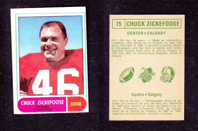 1968 CFL O-PEE-CHEE FOOTBALL CARD #75 C. ZICKEFOOSE photo 1968 CFL O-PEE-CHEE FOOTBALL CARD #75 C. ZICKEFOOSE photo