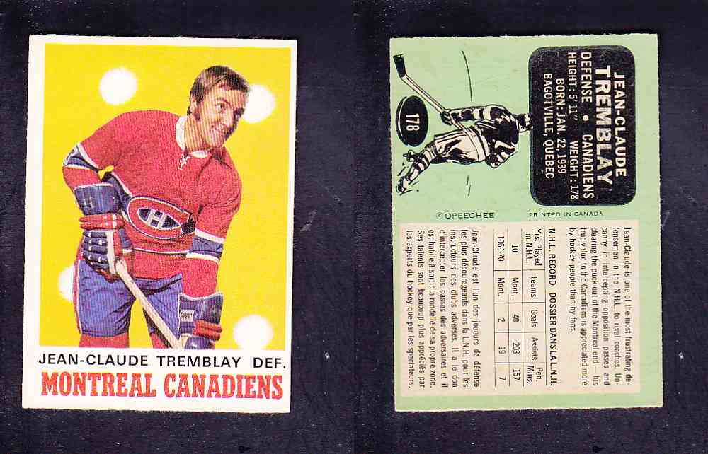 1970-71 O-PEE-CHEE HOCKEY CARD #178 J. TREMBLAY photo 1970-71 O-PEE-CHEE HOCKEY CARD #178 J. TREMBLAY photo