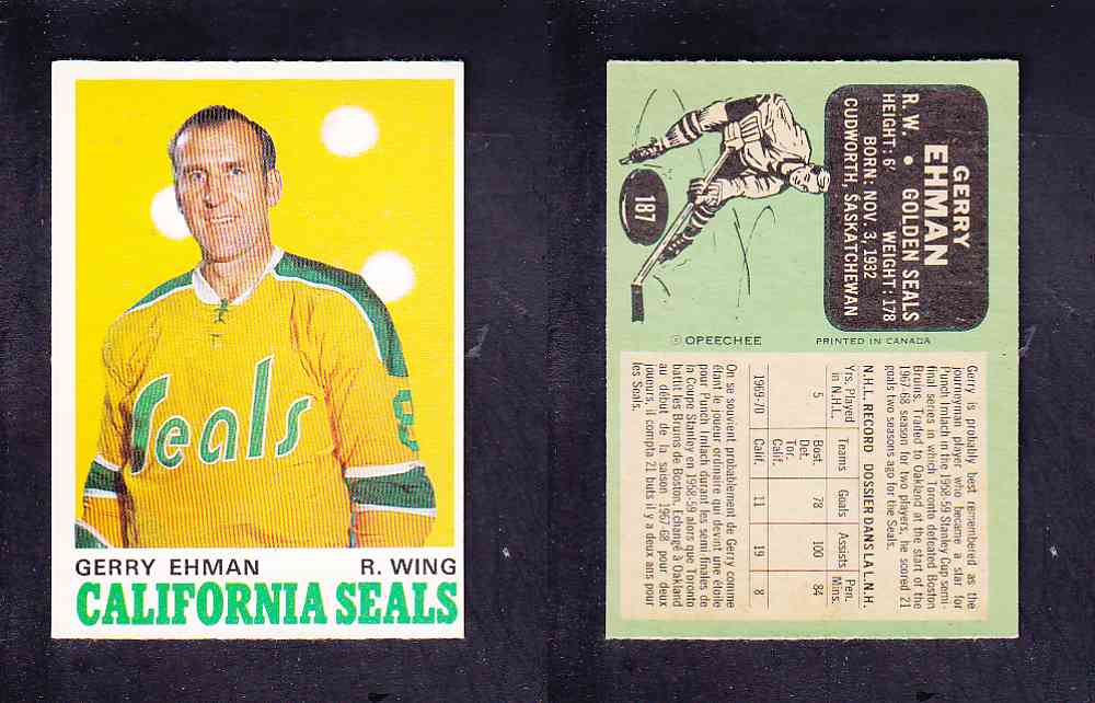 1970-71 O-PEE-CHEE HOCKEY CARD #187 G. EHMAN photo 1970-71 O-PEE-CHEE HOCKEY CARD #187 G. EHMAN photo