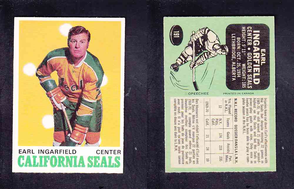 1970-71 O-PEE-CHEE HOCKEY CARD #191 E. INGARFIELD photo 1970-71 O-PEE-CHEE HOCKEY CARD #191 E. INGARFIELD photo