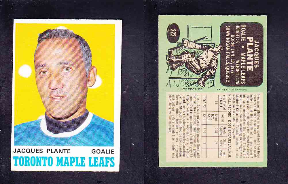 1970-71 O-PEE-CHEE HOCKEY CARD #222 J. PLANTE photo 1970-71 O-PEE-CHEE HOCKEY CARD #222 J. PLANTE photo
